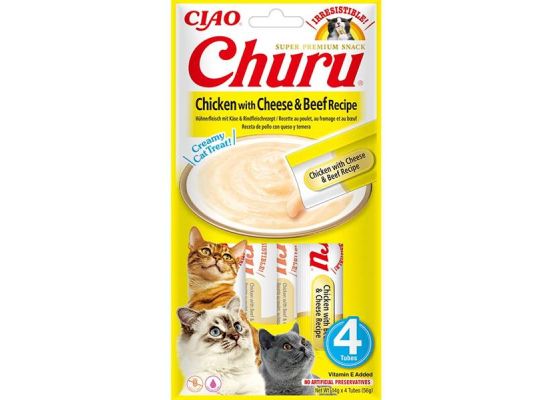 Inaba Churu cat snack kuře, sýr a hovězí příchutí 4x 14g